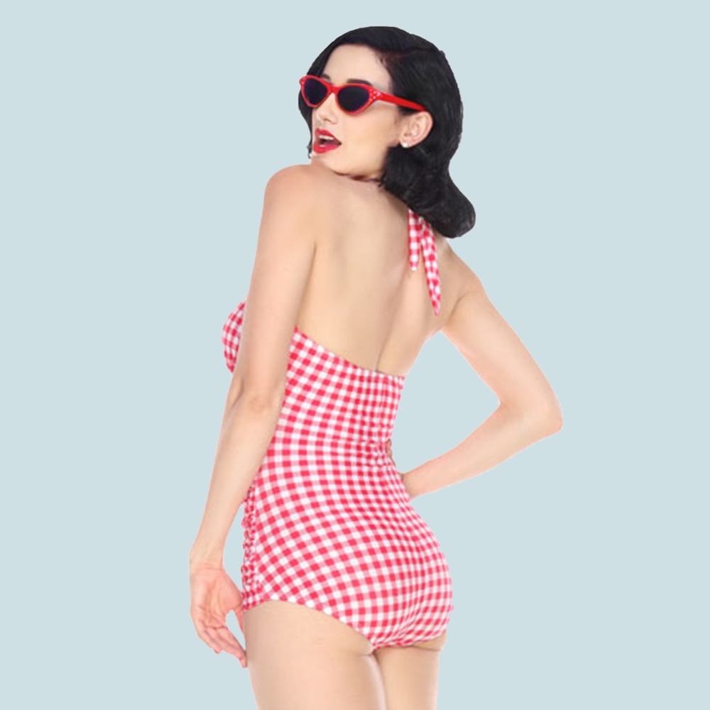 🌺New! Bettie Page Picnic Ruched Halter One Piece - Picture 4 of 5